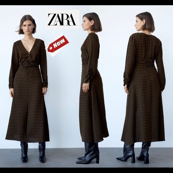 Zara Black brown check draped long sleeve V-neck dress Sz XS NWT New with tag - Picture 10 of 10